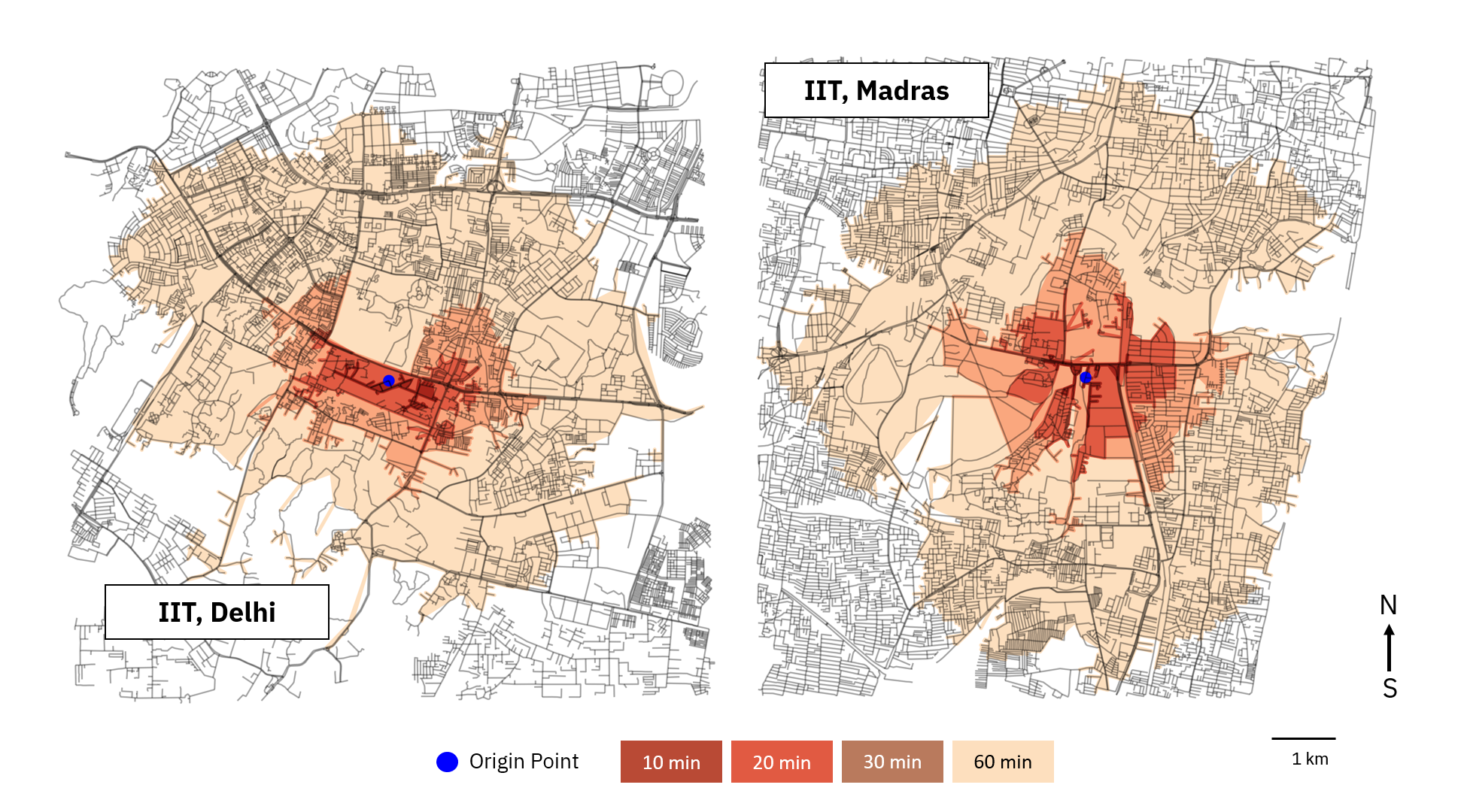 Fig 4: Farthest walking distance from IIT Delhi and IIT Madras